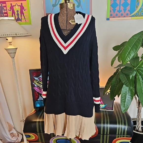 English Factory Dresses & Skirts - NWT English Factory Navy Collegiate V-Neck Sweater Dress built in Pleat Skirt S